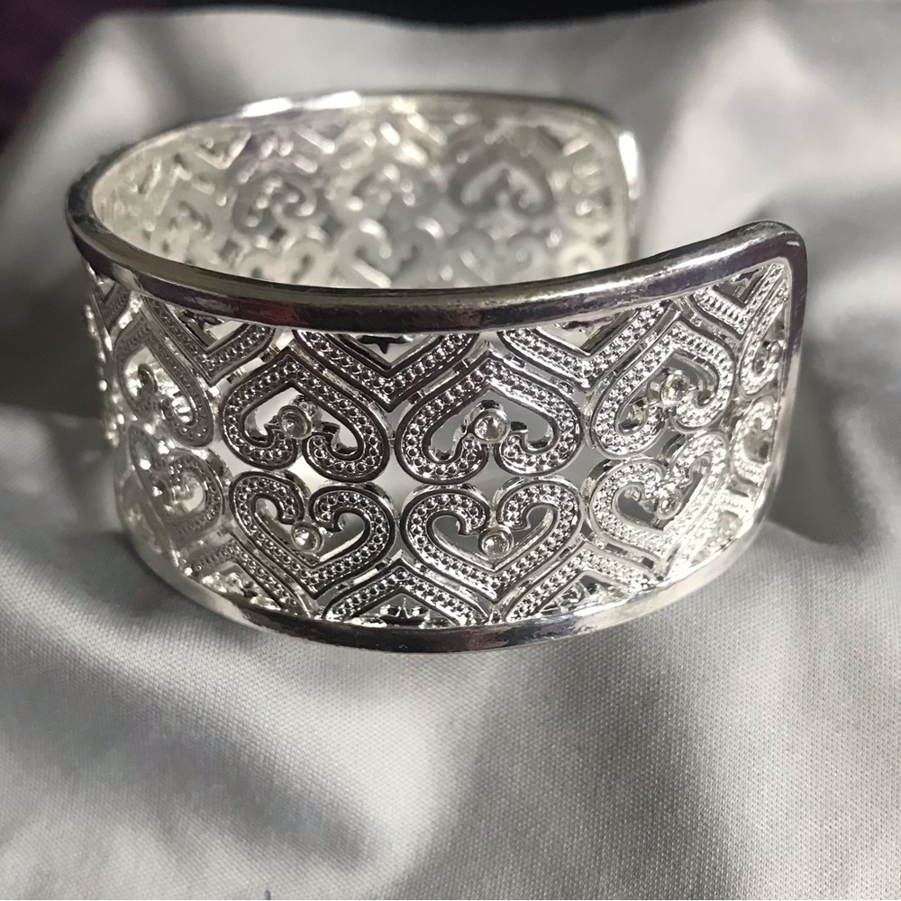 Sterling Silver Heart Patterned Cuff Bracelet - image 2